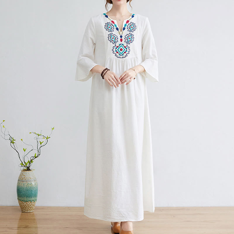 Loose Plain Ethnic Embroidery Floral Pattern Three Quarter Sleeve Cotton Linen Maxi Dress