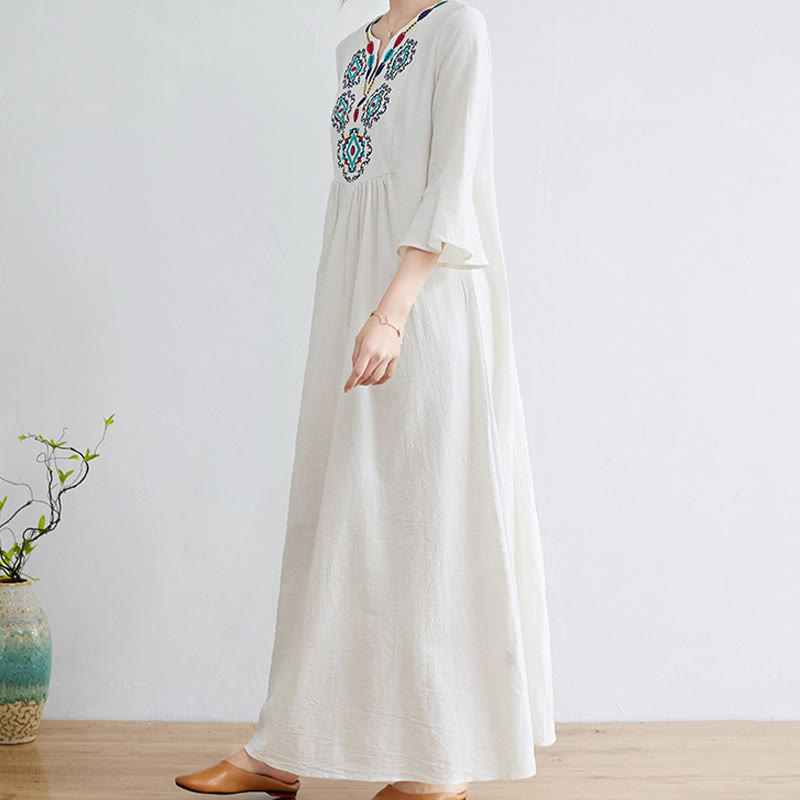 Loose Plain Ethnic Embroidery Floral Pattern Three Quarter Sleeve Cotton Linen Maxi Dress