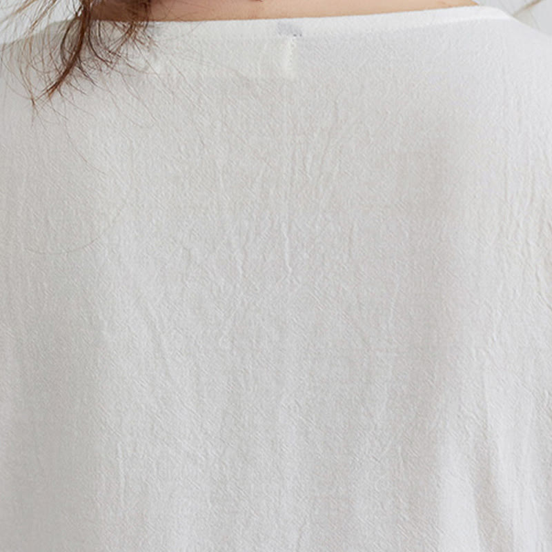 Loose Plain Ethnic Embroidery Floral Pattern Three Quarter Sleeve Cotton Linen Maxi Dress