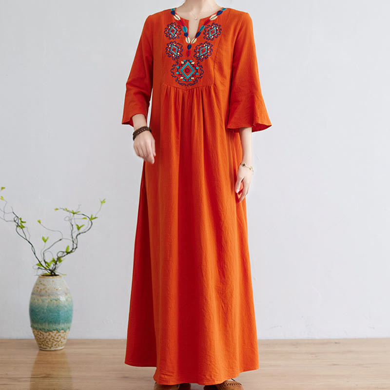 Loose Plain Ethnic Embroidery Floral Pattern Three Quarter Sleeve Cotton Linen Maxi Dress