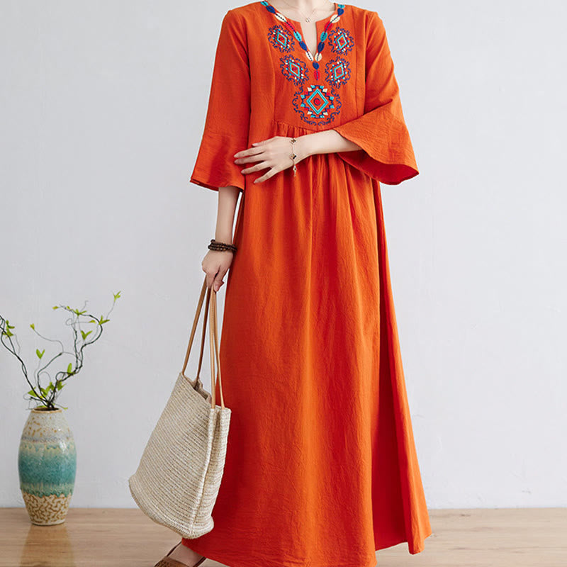 Loose Plain Ethnic Embroidery Floral Pattern Three Quarter Sleeve Cotton Linen Maxi Dress