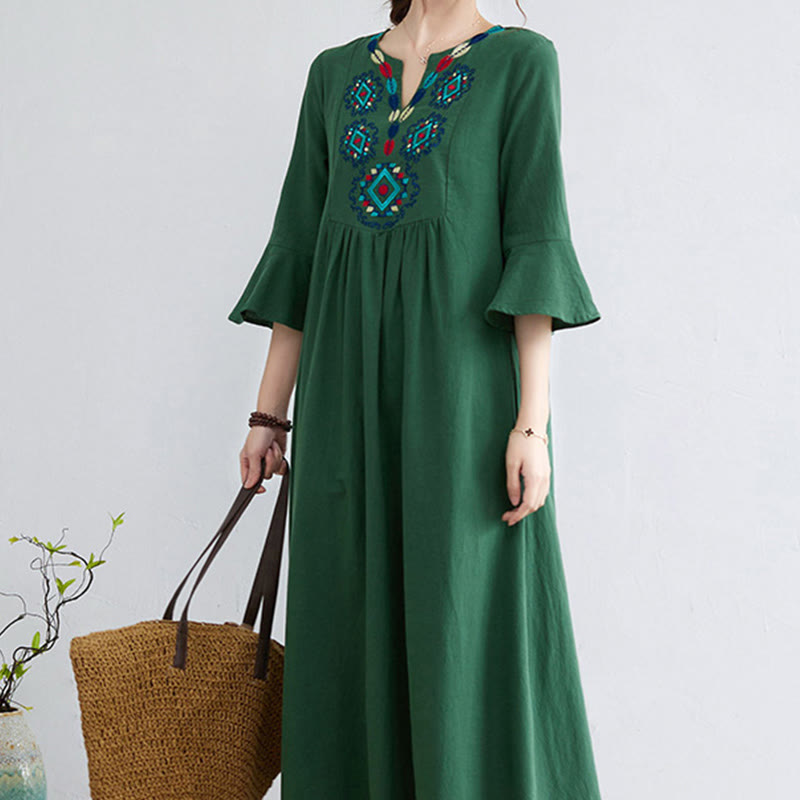 Loose Plain Ethnic Embroidery Floral Pattern Three Quarter Sleeve Cotton Linen Maxi Dress