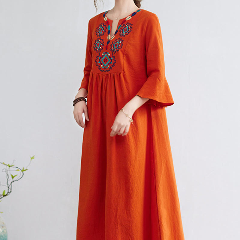 Loose Plain Ethnic Embroidery Floral Pattern Three Quarter Sleeve Cotton Linen Maxi Dress