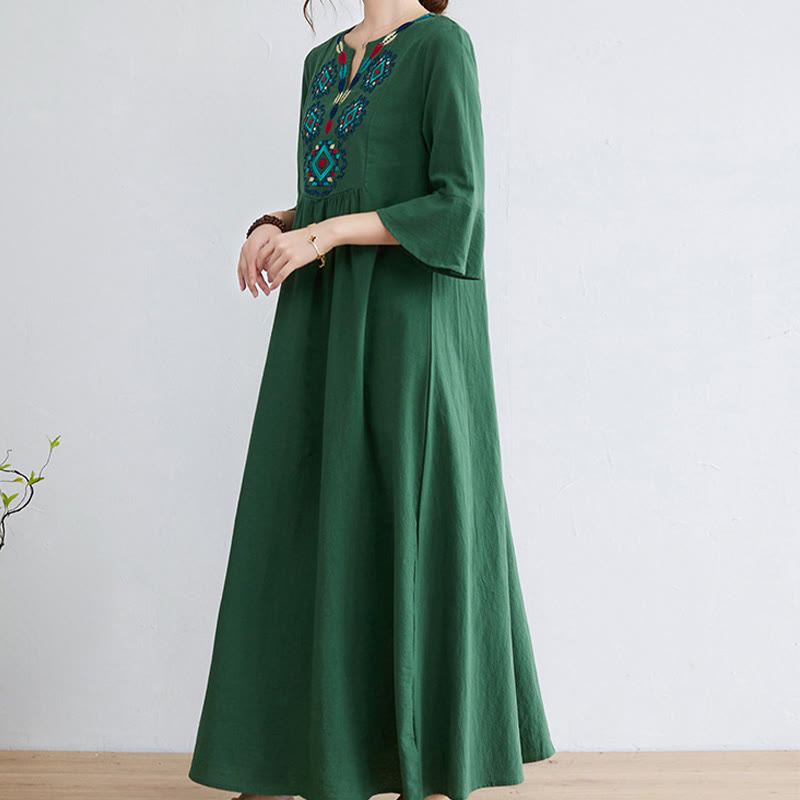 Loose Plain Ethnic Embroidery Floral Pattern Three Quarter Sleeve Cotton Linen Maxi Dress