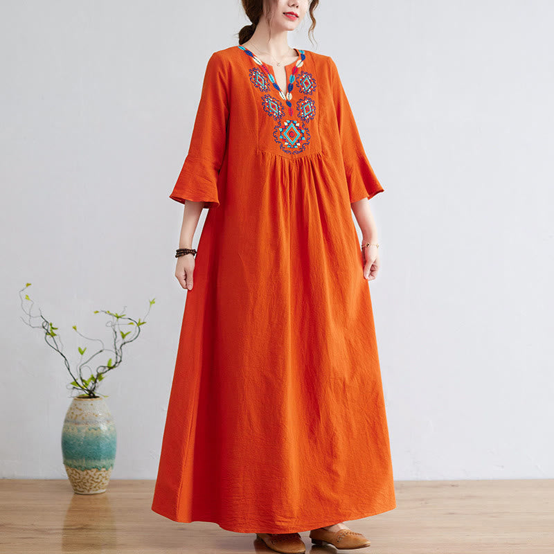 Loose Plain Ethnic Embroidery Floral Pattern Three Quarter Sleeve Cotton Linen Maxi Dress