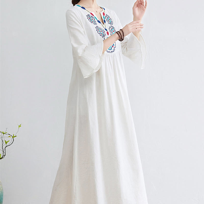 Loose Plain Ethnic Embroidery Floral Pattern Three Quarter Sleeve Cotton Linen Maxi Dress