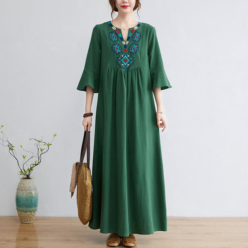 Loose Plain Ethnic Embroidery Floral Pattern Three Quarter Sleeve Cotton Linen Maxi Dress