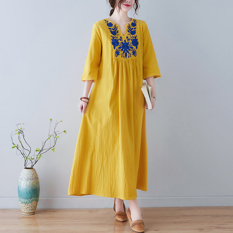 Linen Cotton Embroidered V-Neck Mindful Maxi Dress