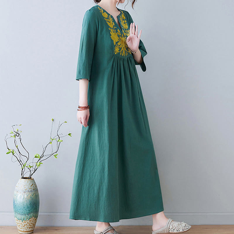 Linen Cotton Embroidered V-Neck Mindful Maxi Dress