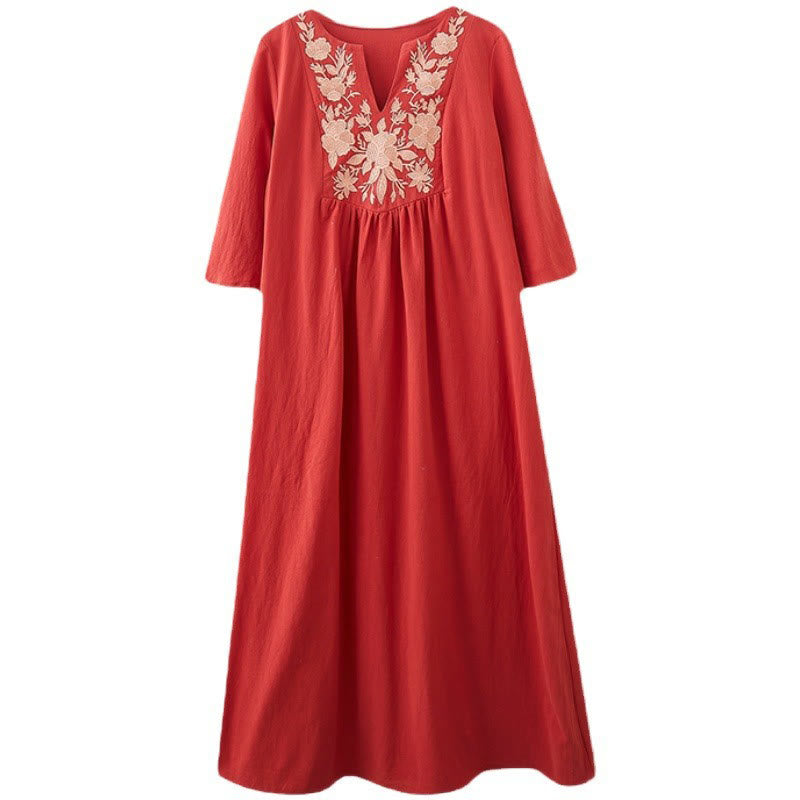 Linen Cotton Embroidered V-Neck Mindful Maxi Dress
