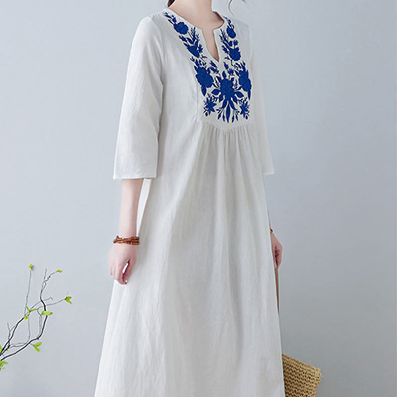 Linen Cotton Embroidered V-Neck Mindful Maxi Dress