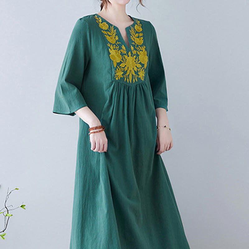 Linen Cotton Embroidered V-Neck Mindful Maxi Dress