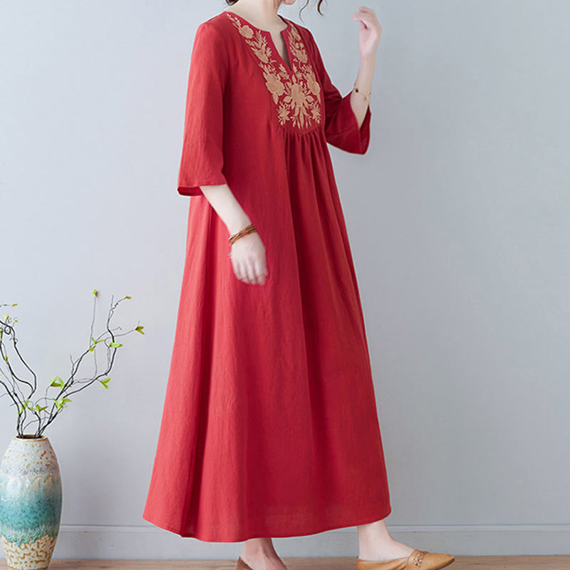 Linen Cotton Embroidered V-Neck Mindful Maxi Dress