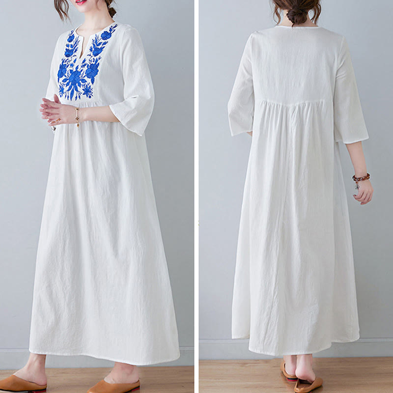 Linen Cotton Embroidered V-Neck Mindful Maxi Dress