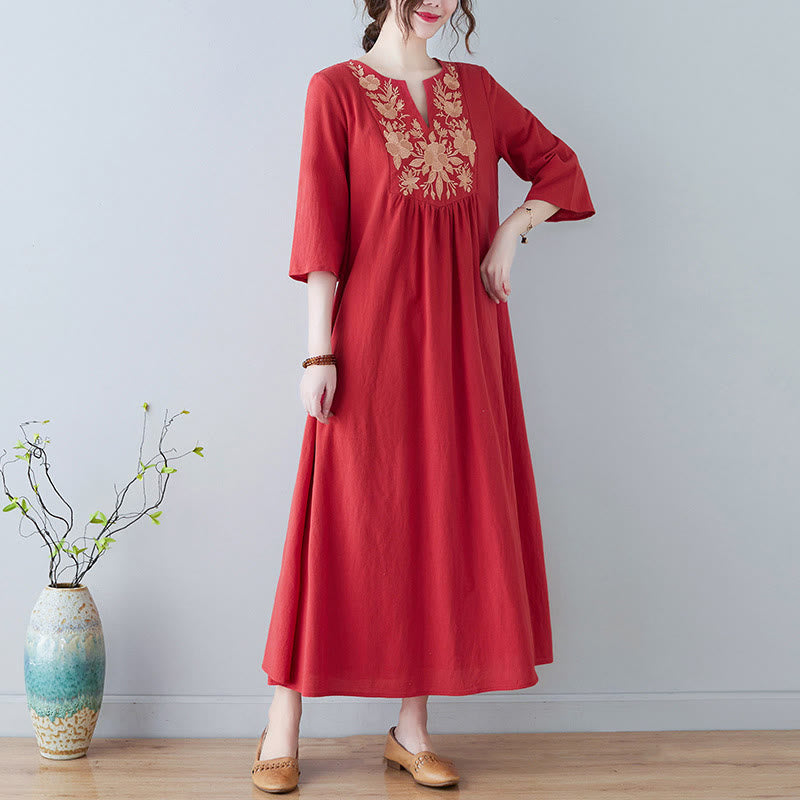 Linen Cotton Embroidered V-Neck Mindful Maxi Dress