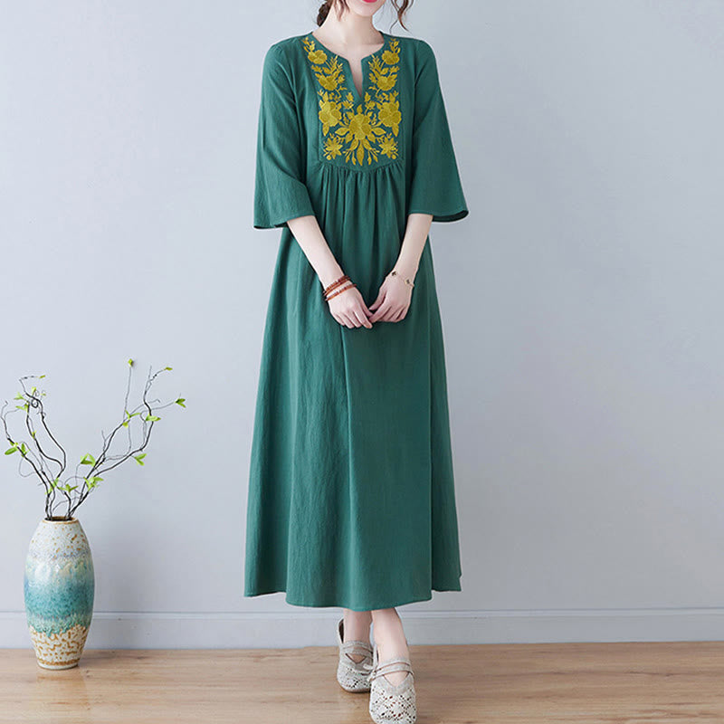 Linen Cotton Embroidered V-Neck Mindful Maxi Dress