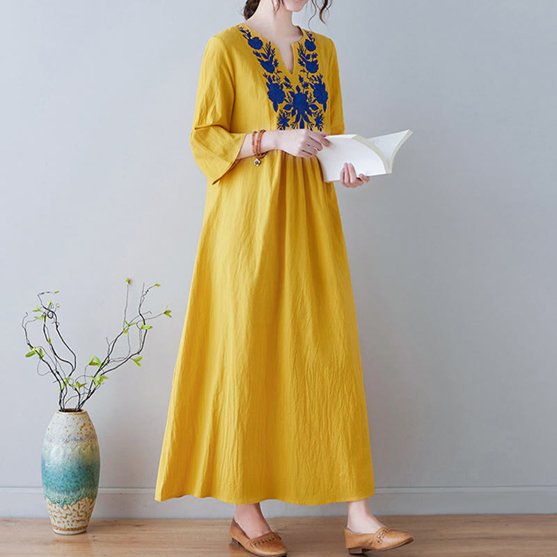 Linen Cotton Embroidered V-Neck Mindful Maxi Dress