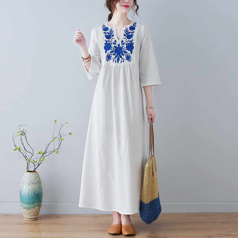 Linen Cotton Embroidered V-Neck Mindful Maxi Dress