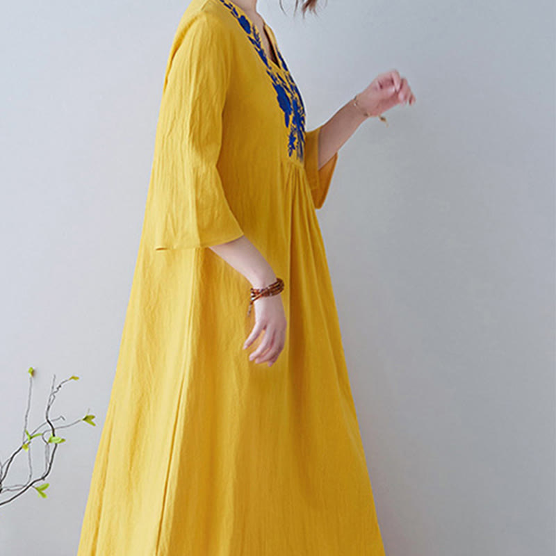 Linen Cotton Embroidered V-Neck Mindful Maxi Dress