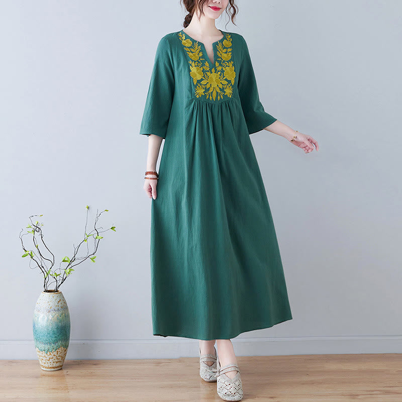Linen Cotton Embroidered V-Neck Mindful Maxi Dress