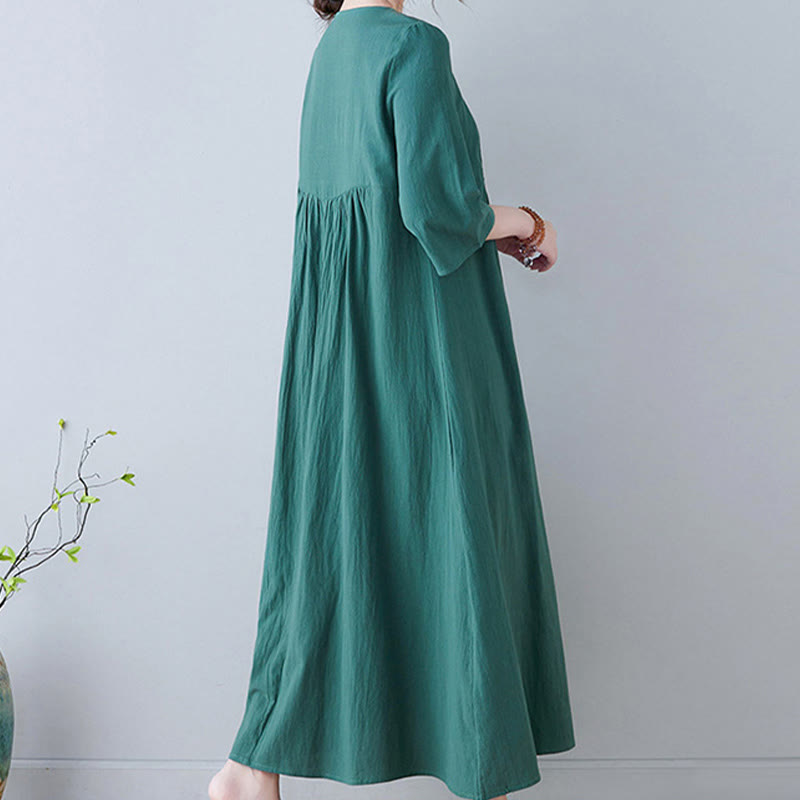Linen Cotton Embroidered V-Neck Mindful Maxi Dress