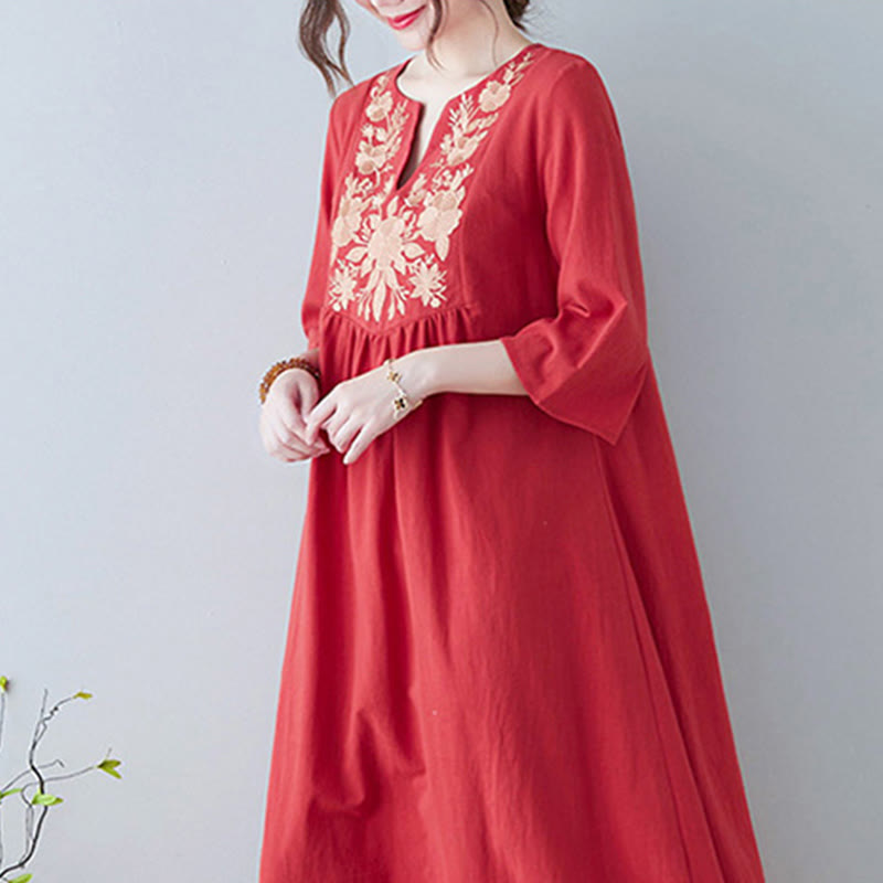 Linen Cotton Embroidered V-Neck Mindful Maxi Dress