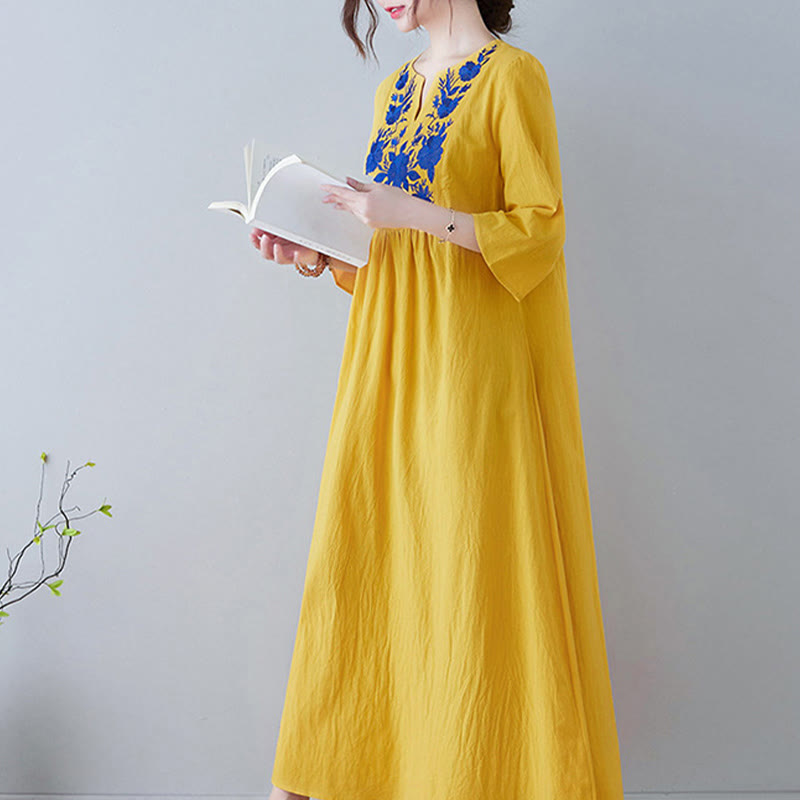 Linen Cotton Embroidered V-Neck Mindful Maxi Dress