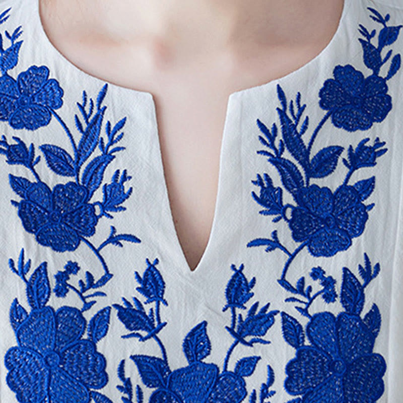 Linen Cotton Embroidered V-Neck Mindful Maxi Dress