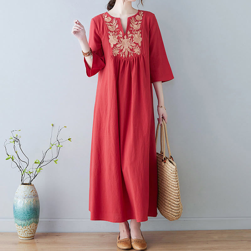 Linen Cotton Embroidered V-Neck Mindful Maxi Dress