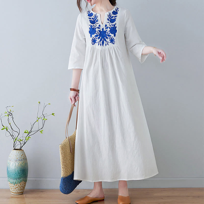 Linen Cotton Embroidered V-Neck Mindful Maxi Dress