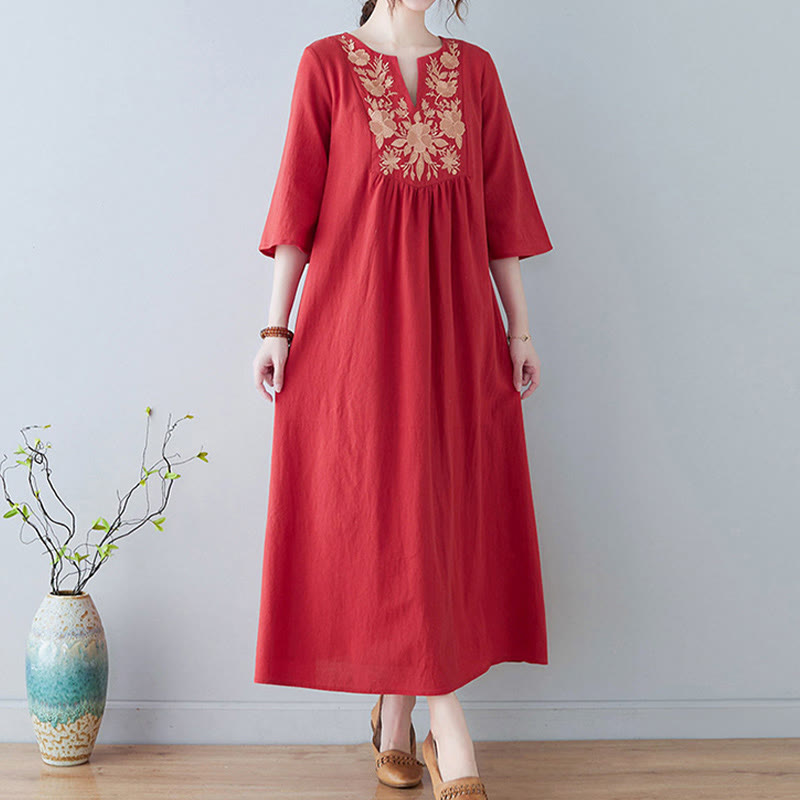 Linen Cotton Embroidered V-Neck Mindful Maxi Dress