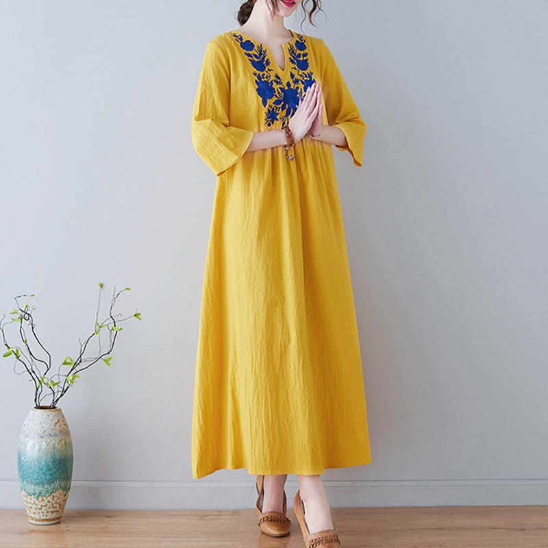 Linen Cotton Embroidered V-Neck Mindful Maxi Dress