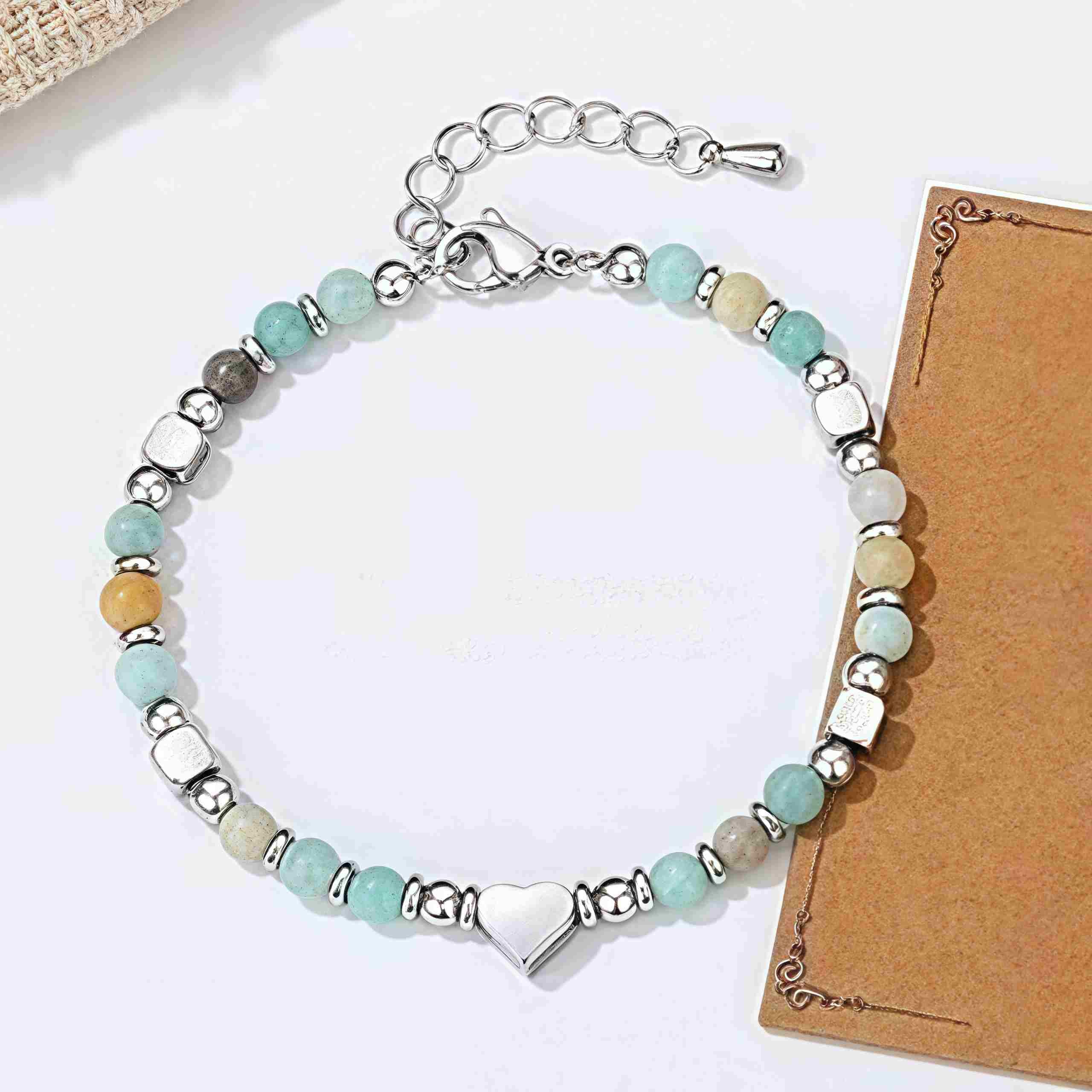 Natural Stone Amazonite Amethyst Lazurite Rose Quartz Heart Positive Balance Bracelet