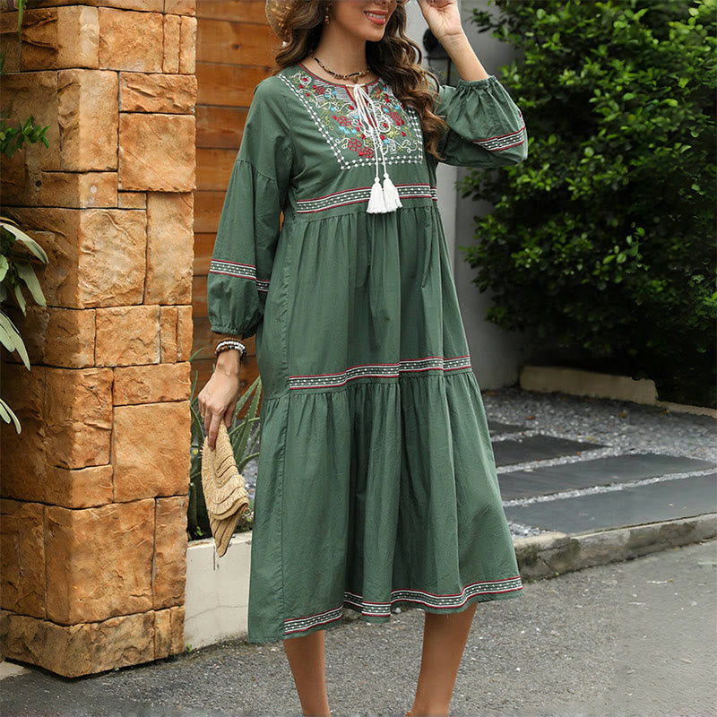 DarkGreen Retro Ethnic Embroidery Long Lantern Sleeve Linen Cotton Midi Dress