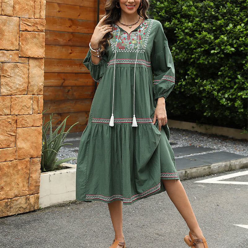 DarkGreen Retro Ethnic Embroidery Long Lantern Sleeve Linen Cotton Midi Dress