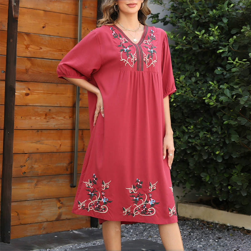 Embroidered Cotton V-Neck Lantern-Sleeve Mindful Midi Dress