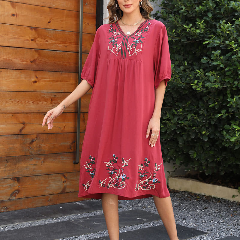 Embroidered Cotton V-Neck Lantern-Sleeve Mindful Midi Dress
