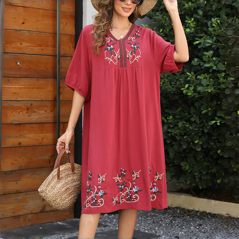 Embroidered Cotton V-Neck Lantern-Sleeve Mindful Midi Dress