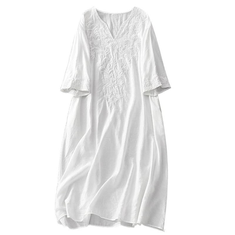 Summer White Pure Color Embroidery Leaf Flower V-Neck Short Sleeve Midi Dress With Pockets