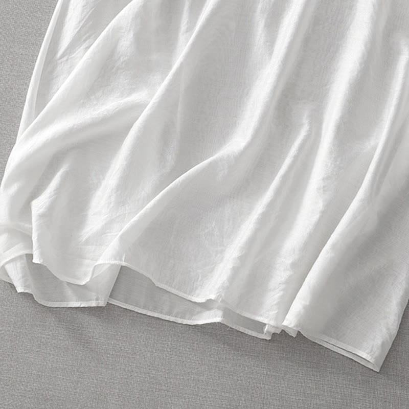 Summer White Pure Color Embroidery Leaf Flower V-Neck Short Sleeve Midi Dress With Pockets