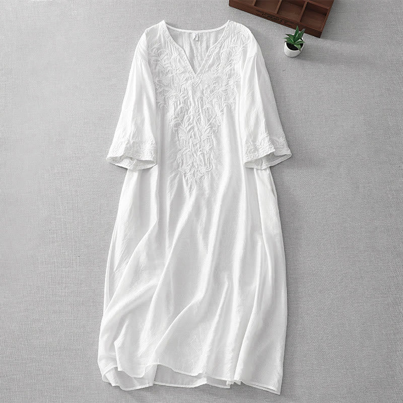 Summer White Pure Color Embroidery Leaf Flower V-Neck Short Sleeve Midi Dress With Pockets