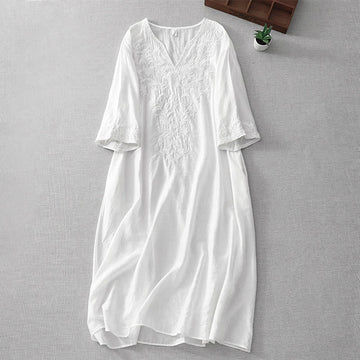Summer White Pure Color Embroidery Leaf Flower V-Neck Short Sleeve Midi Dress With Pockets