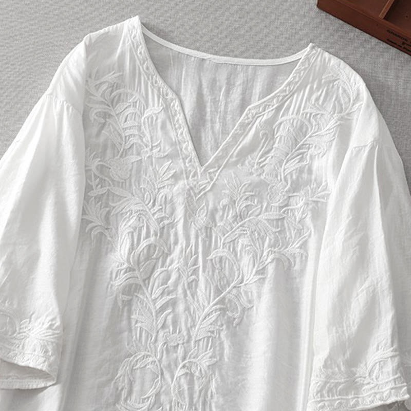 Summer White Pure Color Embroidery Leaf Flower V-Neck Short Sleeve Midi Dress With Pockets