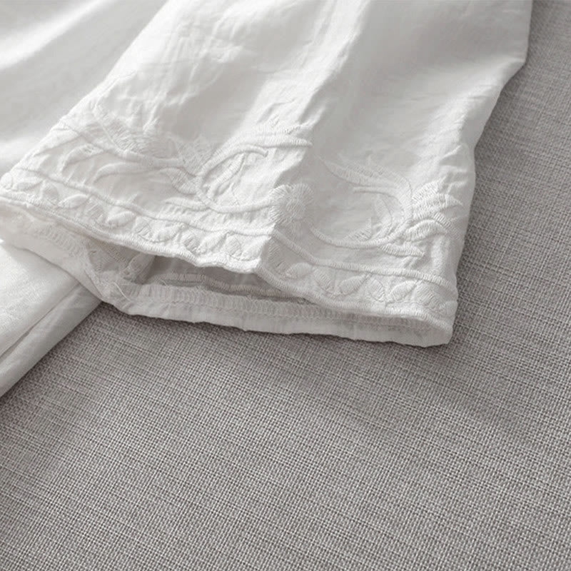 Summer White Pure Color Embroidery Leaf Flower V-Neck Short Sleeve Midi Dress With Pockets