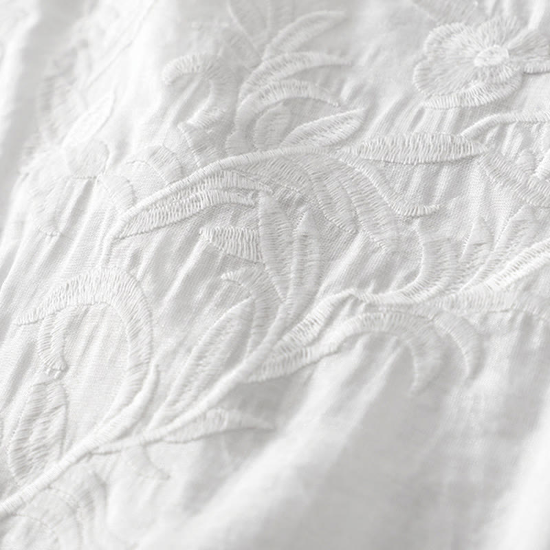 Summer White Pure Color Embroidery Leaf Flower V-Neck Short Sleeve Midi Dress With Pockets