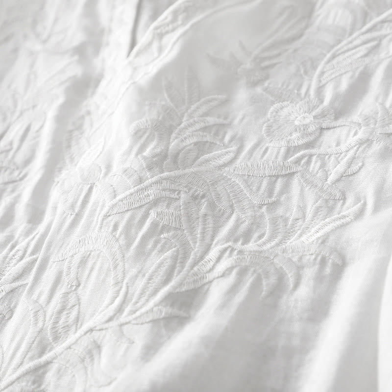 Summer White Pure Color Embroidery Leaf Flower V-Neck Short Sleeve Midi Dress With Pockets