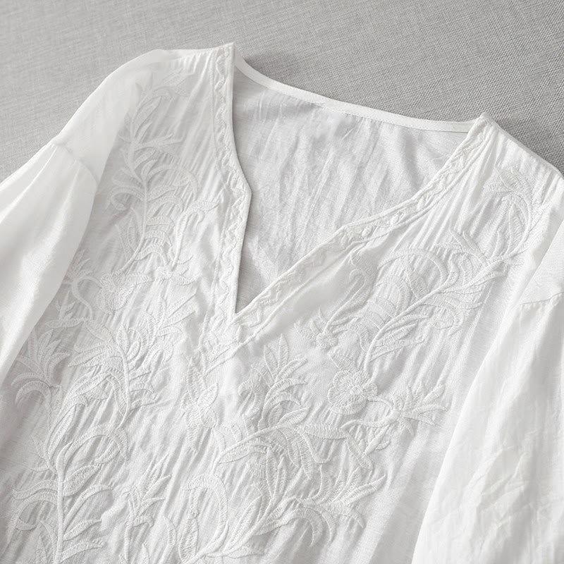 Summer White Pure Color Embroidery Leaf Flower V-Neck Short Sleeve Midi Dress With Pockets