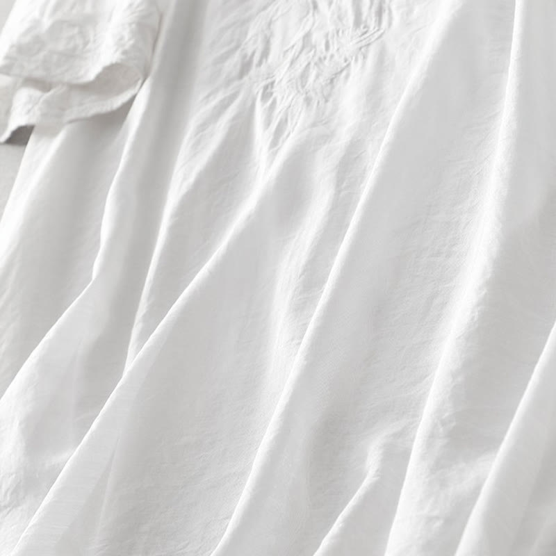 Summer White Pure Color Embroidery Leaf Flower V-Neck Short Sleeve Midi Dress With Pockets