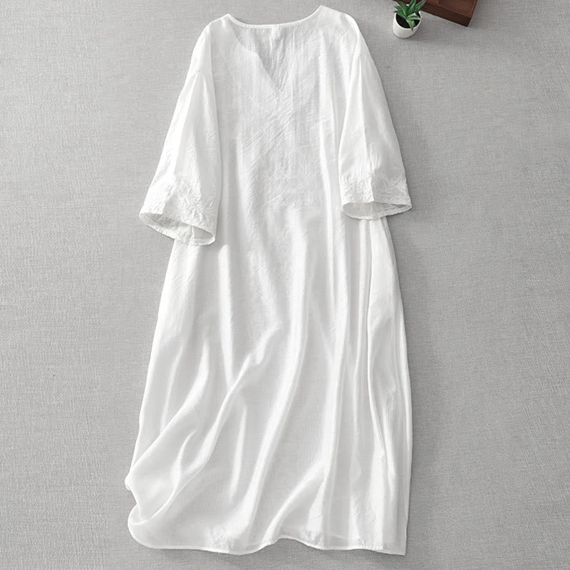 Summer White Pure Color Embroidery Leaf Flower V-Neck Short Sleeve Midi Dress With Pockets