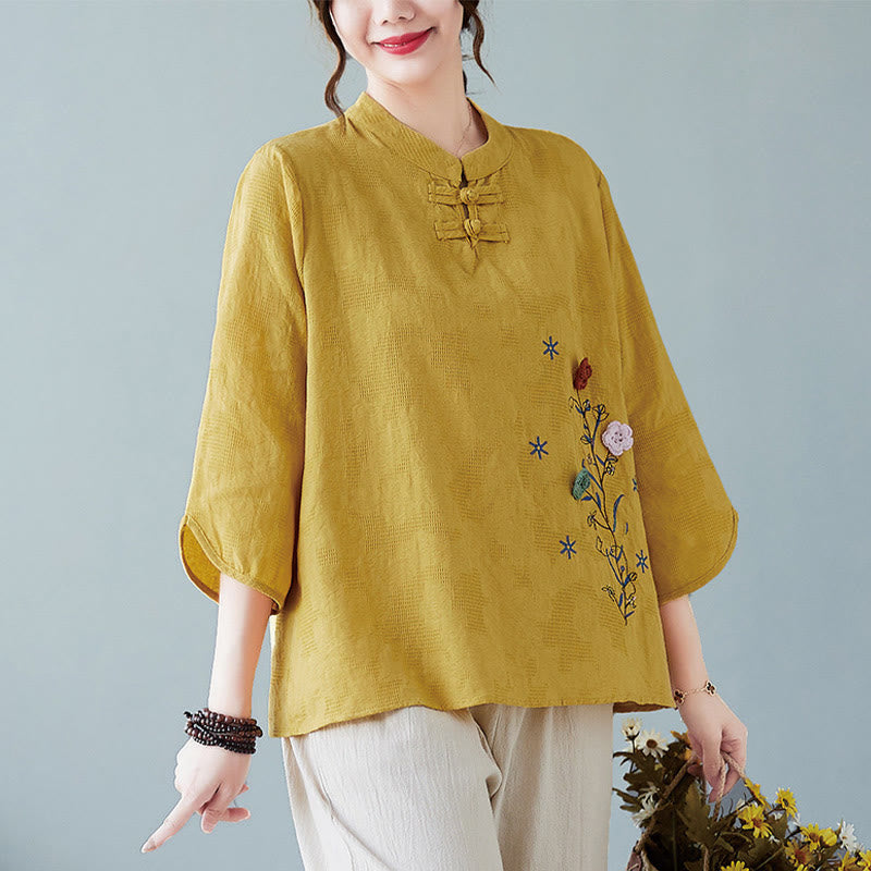 Vintage Summer Stereoscopic Flower Embroidery Three Quarter Sleeve Frog-Button Cotton Linen Women's Shirt